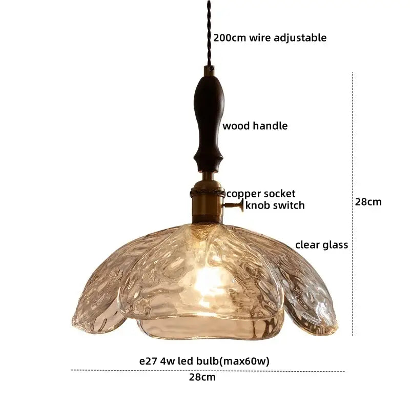 Japanese style clear glass pendant lamp with textured glass, wooden handle, and copper socket for dining room decorbites clear glass