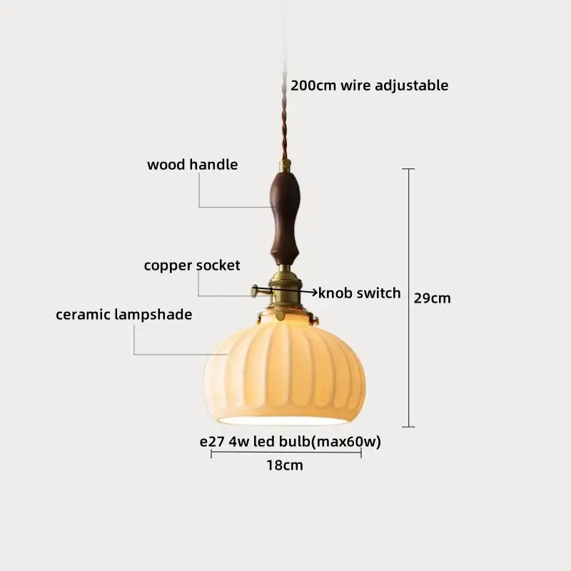 Warm-toned Japanese style clear glass pendant lamp with ribbed ceramic shade wood trim decorbites clear glass decor