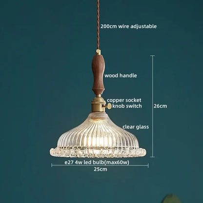 Japanese style clear glass pendant lamp with ribbed design and wooden handle for dining room decorbites clear glass