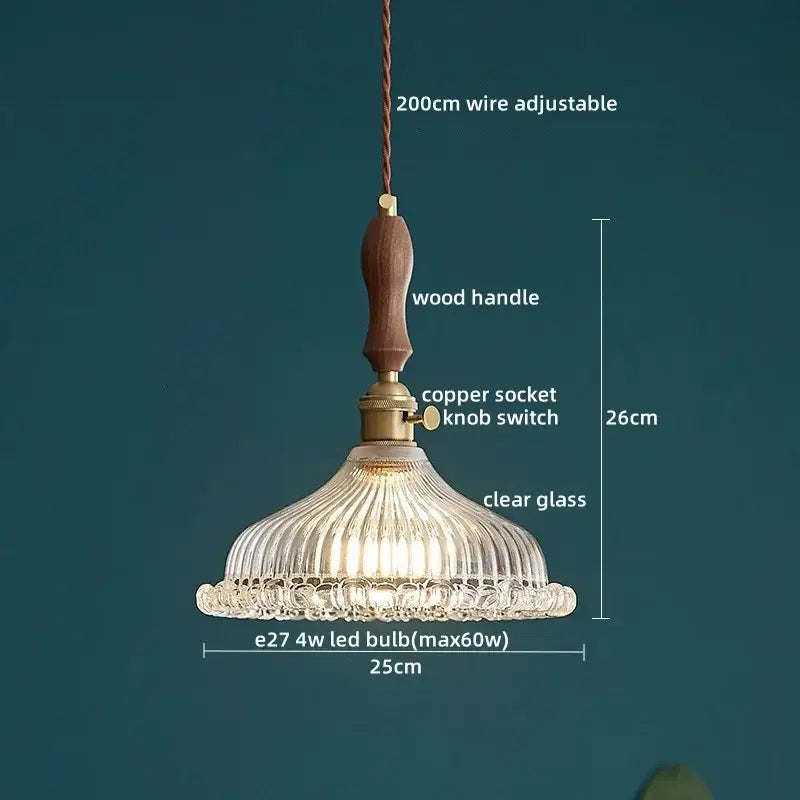Japanese style clear glass pendant lamp with ribbed design and wooden handle for dining room decorbites clear glass