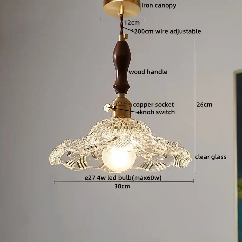 Delicate decorbites clear glass pendant lamp with carved petals and dark wood handle for dining room decor
