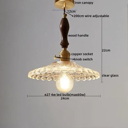 Japanese style pendant lamp with dark wood handle brass fittings and scalloped clear glass shade clear glass pendant decorbites