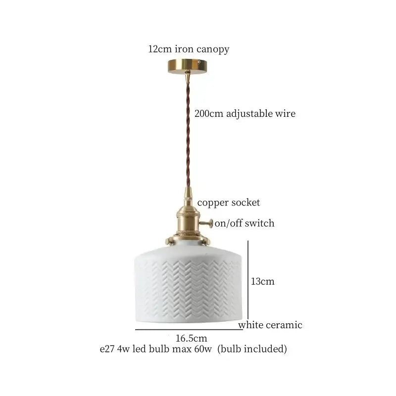 Japanese style white pleated ceramic LED hanging lamp with textured chevron pattern and brass accents for dining room decorbites ceramic LED