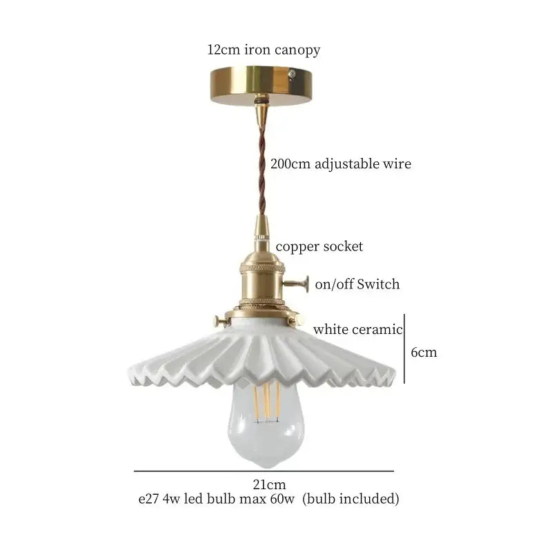 Japanese style white pleated ceramic led hanging lamp with fluted design and brass accents for dining room decorbites ceramic led