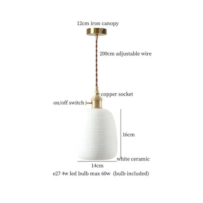 Japanese style ceramic led hanging lamp with white pleated ceramic, brass accents, and adjustable copper wire for dining room decorbites ceramic led