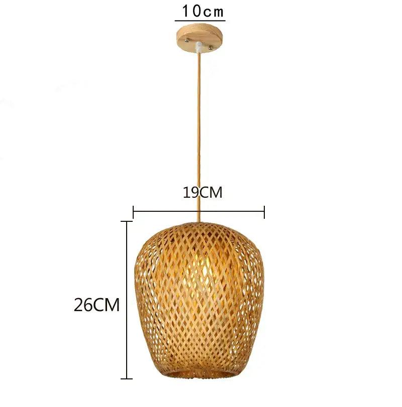 Natural woven bamboo pendant light with warm golden hue and intricate lattice design for japanese style intimate spaces