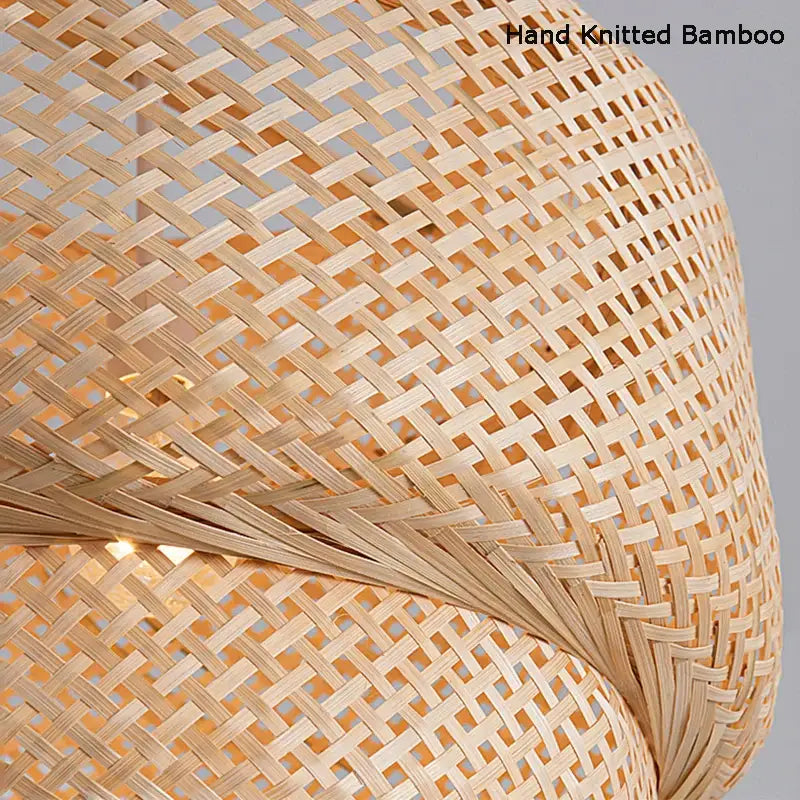 Hand-knitted japanese tiered bamboo pendant light with natural beige lattice texture as a dining room focal point