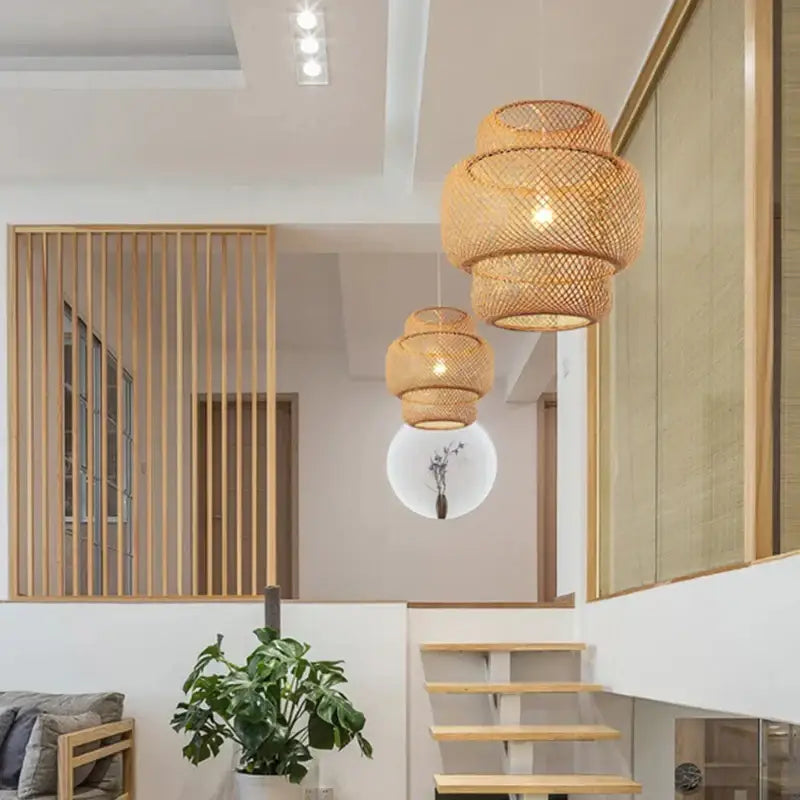 Japanese tiered bamboo pendant light with warm natural finish designed as a dining room focal point using natural materials