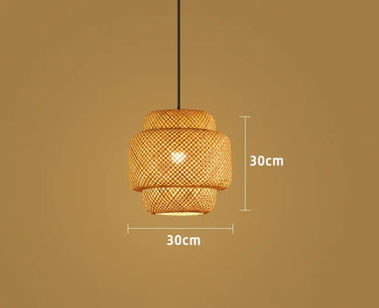 Japanese tiered bamboo pendant light with warm tones and geometric lattice design using natural materials for dining room with led bulb