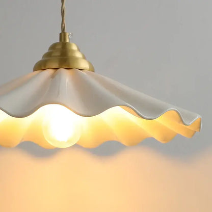 White ceramic led pendant light with scalloped edge and brass fixture for Japanese vintage kitchen decorbites ceramic led