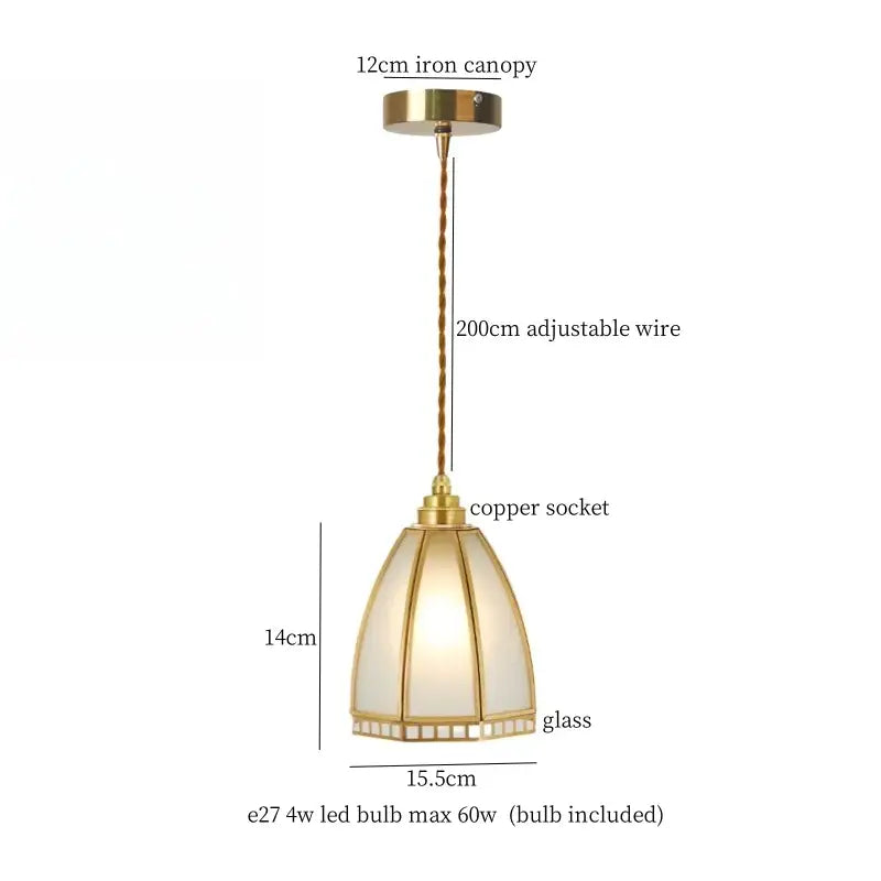 Japanese vintage brass and wood glass led pendant lamp with frosted shade and adjustable copper wire suspension for dining room