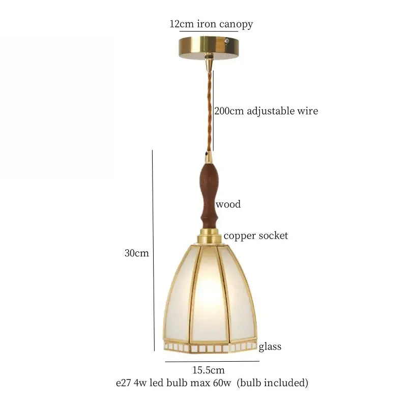 A warm-toned Japanese vintage brass and wood glass led pendant lamp with gold trim for dining room lighting