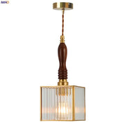 Japanese vintage brass and wood glass led pendant lamp with square ribbed glass cage for dining room lighting
