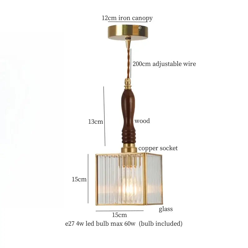 A Japanese vintage brass and wood glass LED pendant lamp with a square frame and wooden handle for dining room