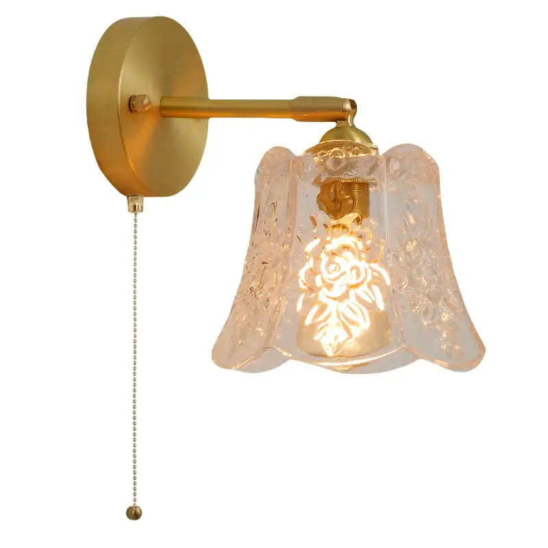 Japanese vintage gold bell glass led wall lamp with a gold-toned wall sconce and etched floral glass shade decorbites bell glass
