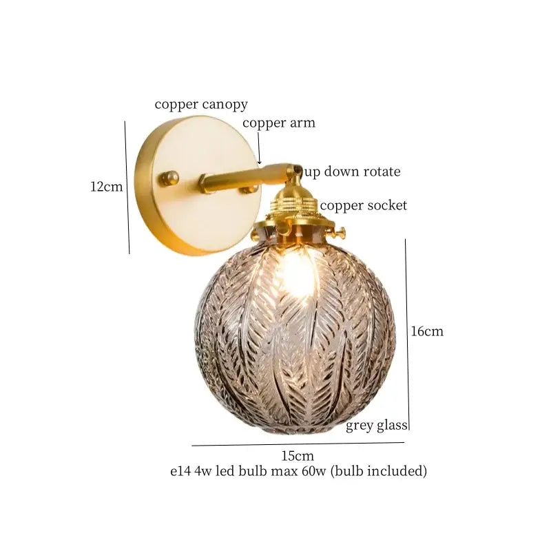 Japanese vintage gold bell glass led wall lamp with spherical grey etched glass shade on adjustable copper arm decorbites bell glass wall lamp