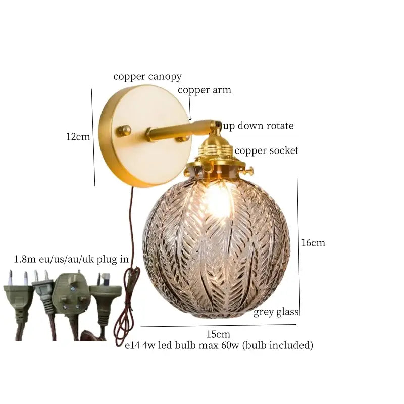 Japanese vintage gold bell glass led wall lamp with textured grey leaf-etched globe and brass-finished copper arm decorbites bell glass
