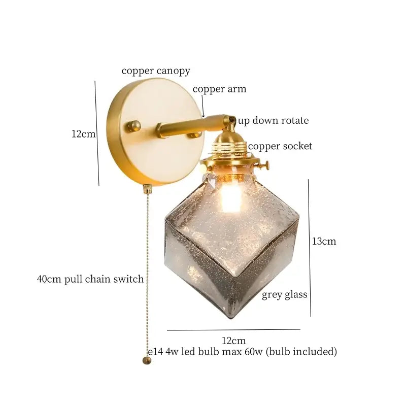 Japanese vintage gold bell glass led wall lamp with brass copper arm and faceted grey textured shade for bedroom decorbites bell glass