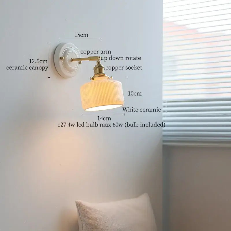 Japanese vintage white ceramic led wall sconce with brass copper arm and ribbed glass shade for bedroom decorbites ceramic led wall