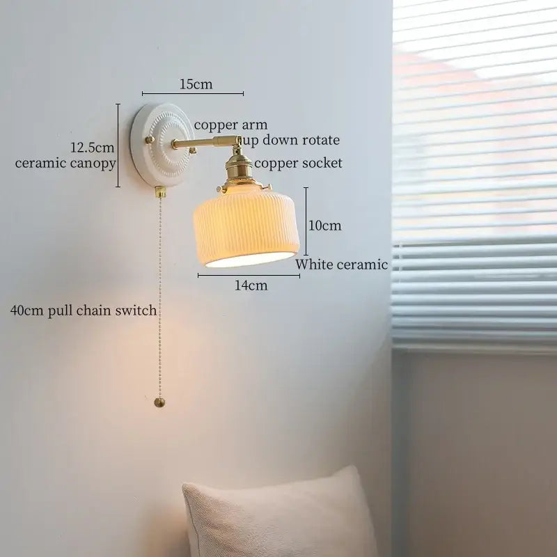 White ceramic led wall sconce with brass copper arm and ribbed shade for bedroom decorbites ceramic led wall lighting