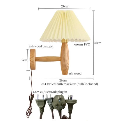 Japanese walnut wood cream pvc led wall lamps with a cream-colored pleated pvc shade and ash wood arm for bedroom decorbites cream pvc