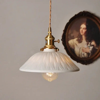 Japanese white fluted ceramic pendant light with polished copper finish and gold-toned hardware for kitchen lighting