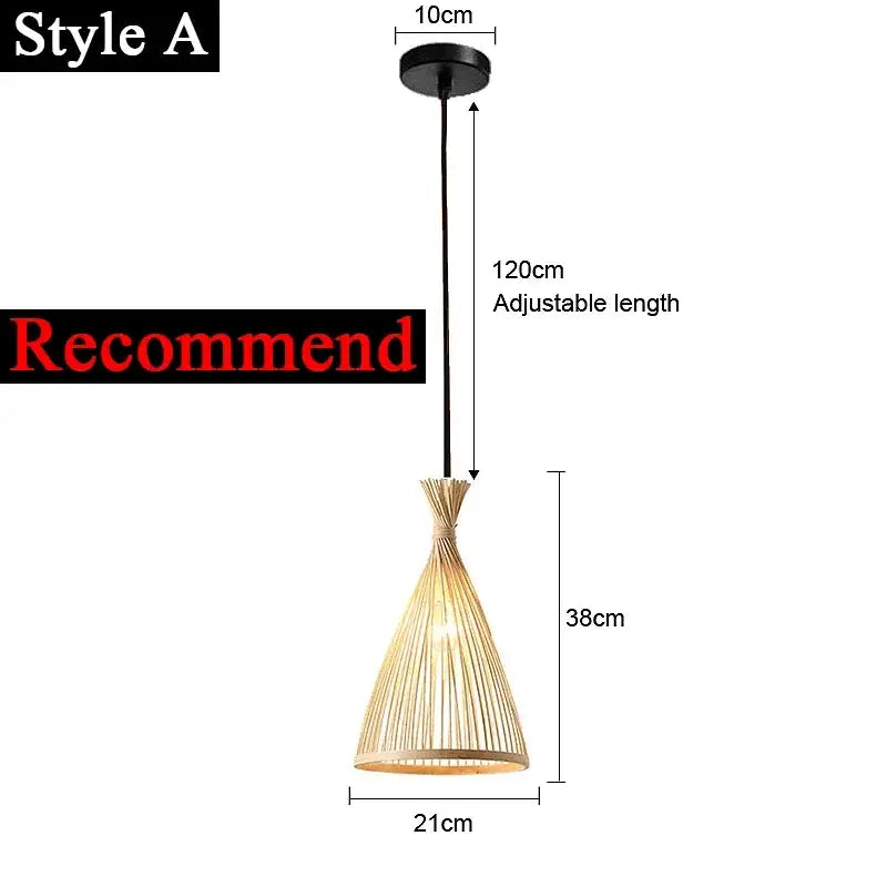 Minimalist Japanese woven bamboo pendant light with conical design and natural finish for dining room use