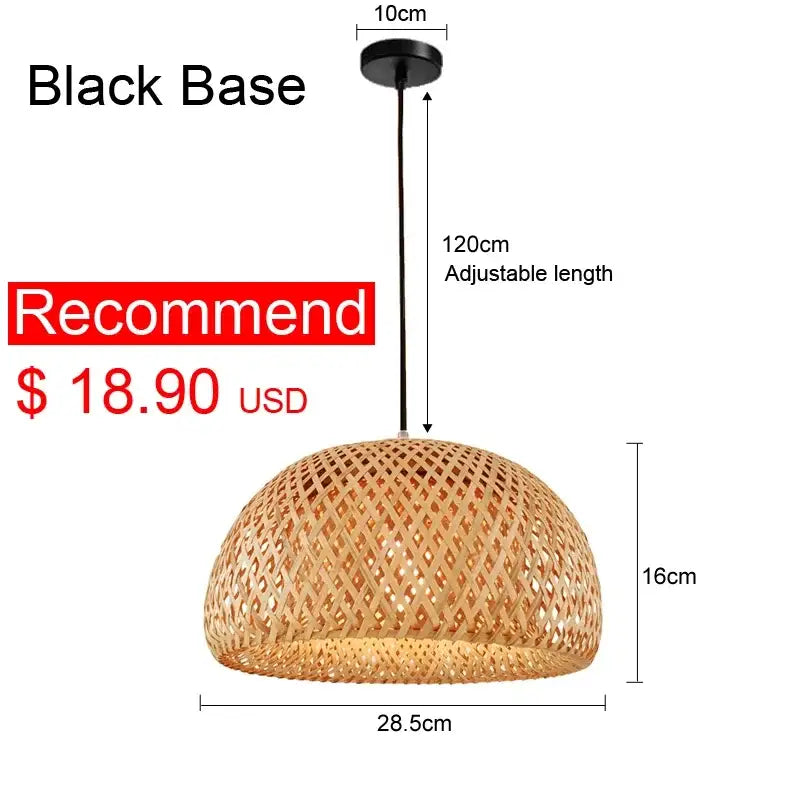 Japanese woven bamboo pendant light with natural finish black base and adjustable length for dining room use