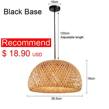Japanese woven bamboo pendant light with natural finish black base and adjustable length for dining room use