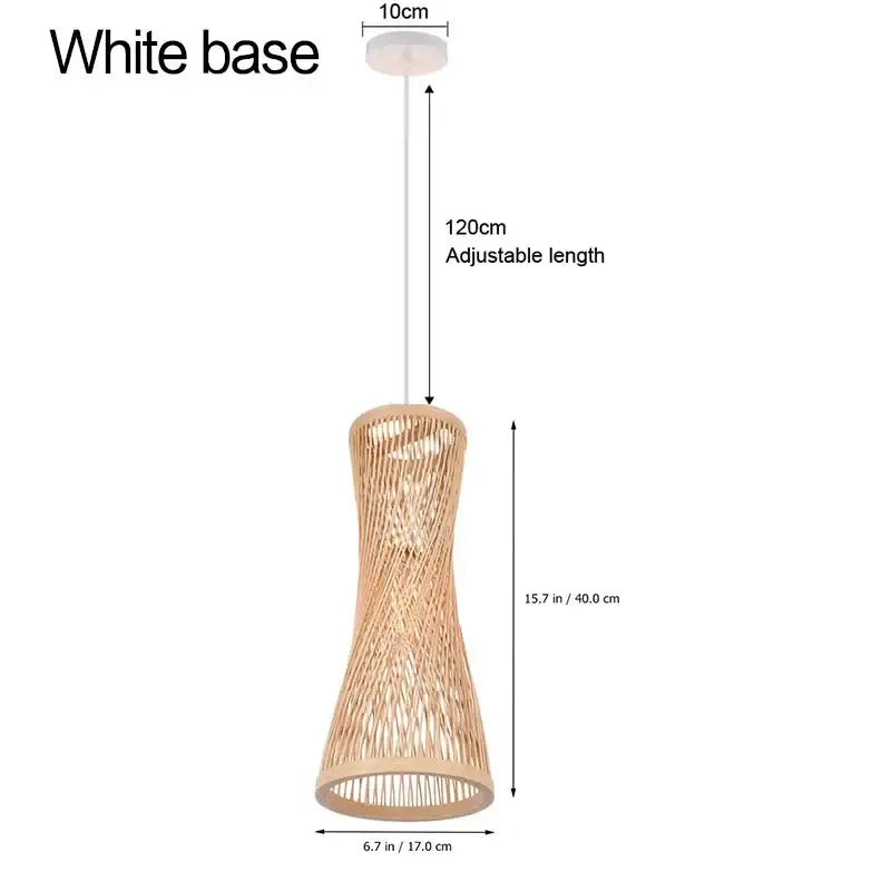 Beige woven pendant light made of japanese bamboo with natural finish white base and adjustable length for dining room