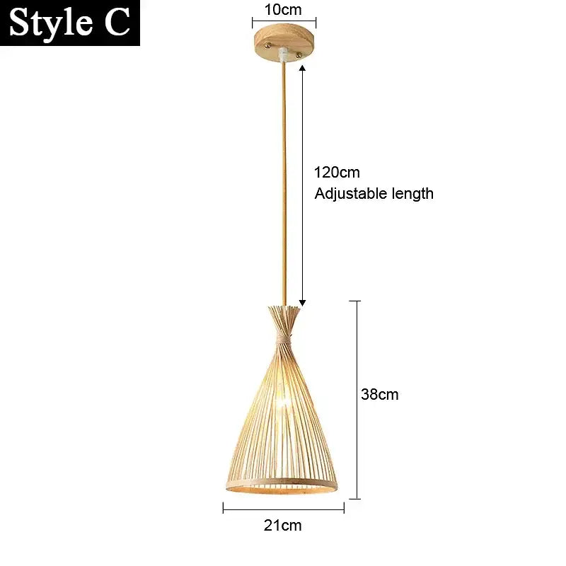 Minimalist japanese woven bamboo pendant light with natural finish and adjustable length for dining room use