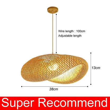 Japanese woven bamboo pendant light with natural finish and gold metal wire for dining room as a warm-toned pendant light