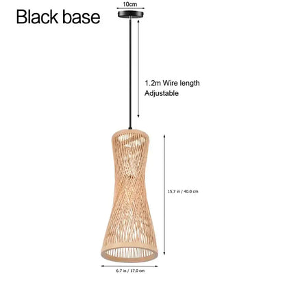 Japanese woven bamboo pendant light with natural finish featuring a conical woven pendant light and black base