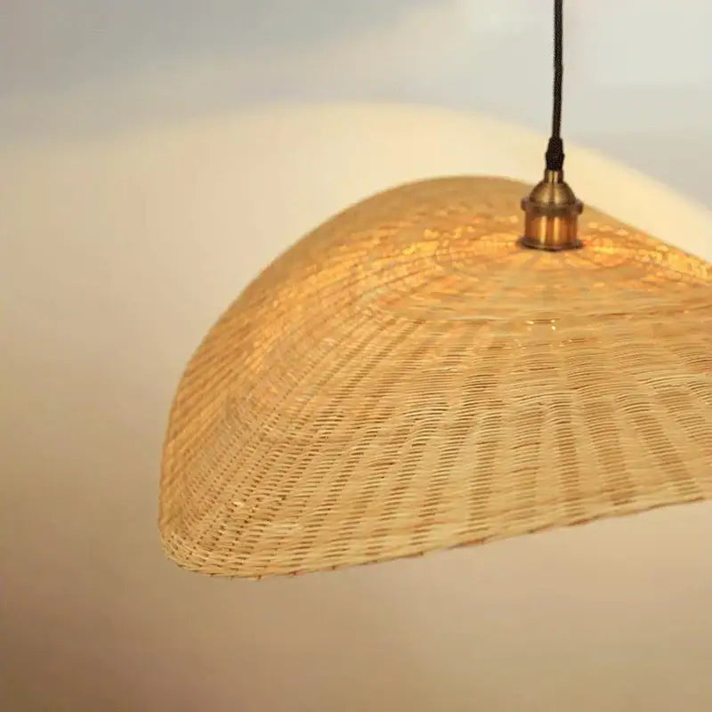 A woven golden brown bamboo chandelier with curved fan design and brass hardware for living room decorbites bamboo chandelier