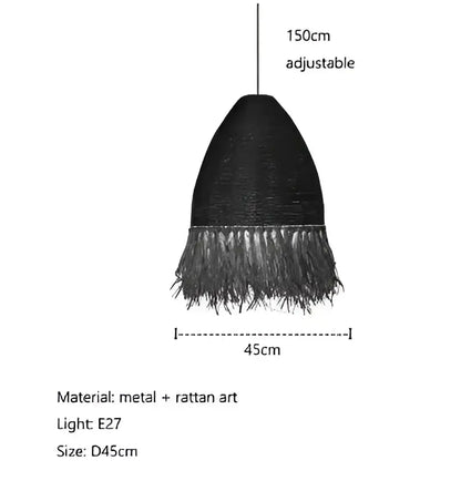 Black metal and rattan handmade rattan pendant light with fringed textured finish for living room decorbites handmade rattan