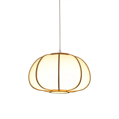 Warm-toned bamboo pendant lamp with segmented pumpkin shape and thin metallic frame for tea room decorbites bamboo pendant