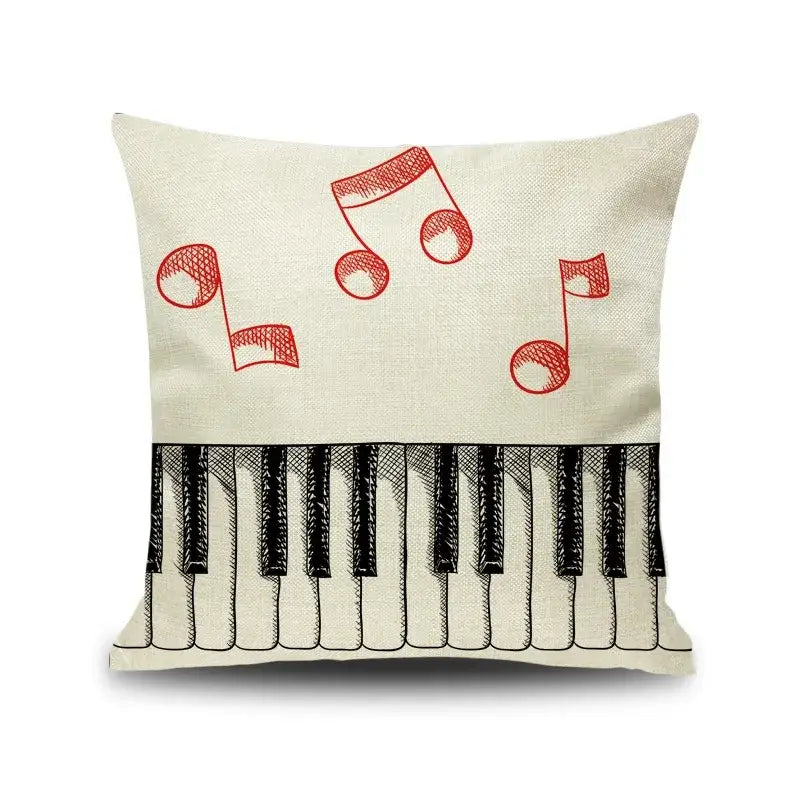 Beige linen throw pillow with black and red letter notes piano graphic design for decorbites letter notes living room decor