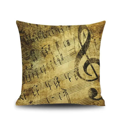 Vintage-style square linen pillow with distressed sepia letter notes piano graphic and treble clef for living room decorbites decor