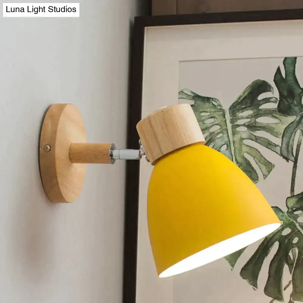Bright yellow matte joan wooden reading wall lamp with natural wood finish adjustable arm for bedroom lighting