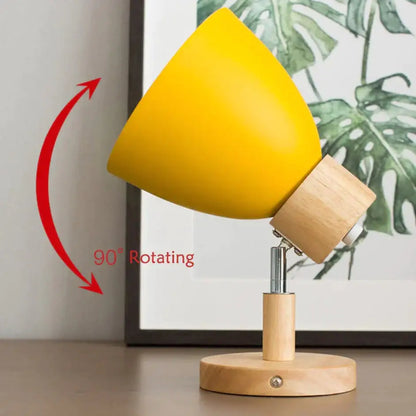 Joan wooden reading wall lamp with bright yellow conical lampshade and adjustable wooden base for bedroom lighting