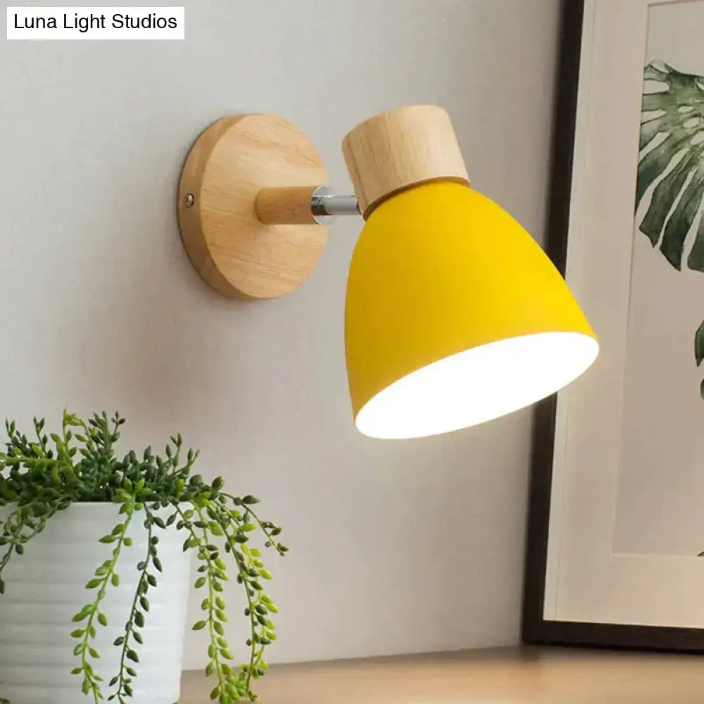 Bright yellow conical lampshade joan wooden reading wall lamp with natural wood base and stem for bedroom lighting