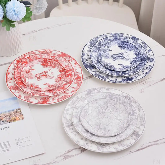 Set of three red blue and grey ceramic jungle bone china toile animal plates for dining room decorbites jungle bone