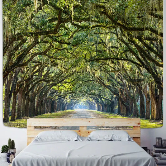 A large rectangular jungle path mandala tapestry depicting an ancient oak tree-lined road with spanish moss decorbites