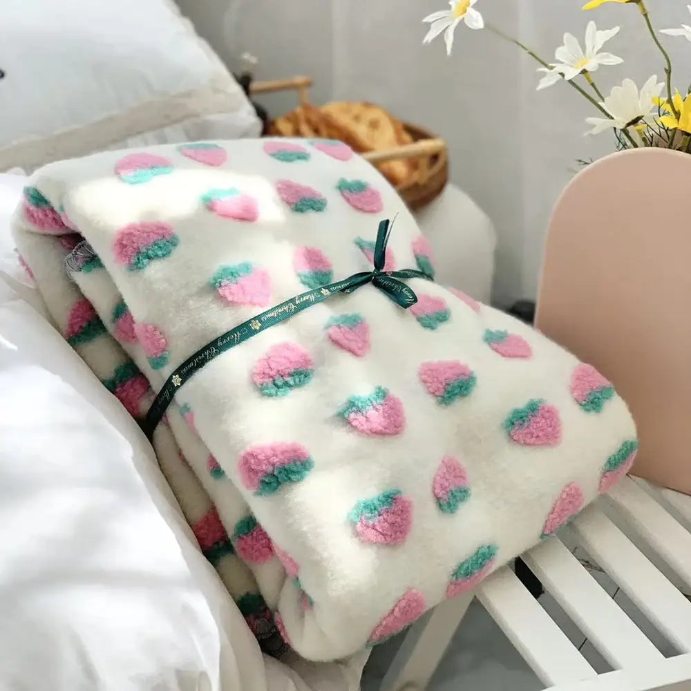 A plush white kids wool blanket with pink green strawberry appliqués tied with dark green ribbon for decorbites 3d cherry decor