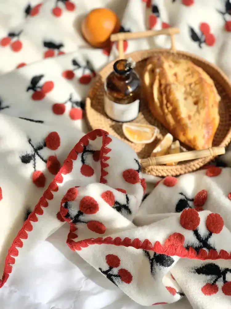 Cream and red cherry kids wool blanket with scalloped edge featuring decorbites 3d cherry embroidery for bedroom decor