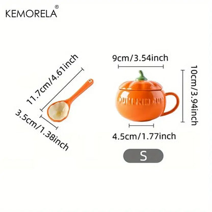 Kawaii orange halloween pumpkin shaped ceramic cup with green stem handle and embossed pumpkin word for kitchen use
