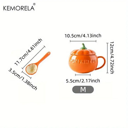 Kawaii orange halloween pumpkin shaped ceramic cup with lid featuring green stem handle and embossed pumpkin text