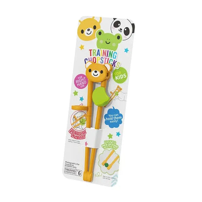 Yellow bear-themed kids multicolor bear training chopsticks with green handle and orange rounded tips for dining room use