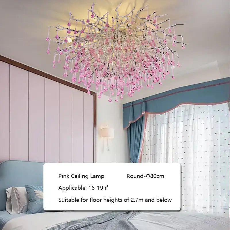 Delicate kids pink crystal chandelier with branching metallic arms and translucent glass droplets for bedroom decorbites kids pink