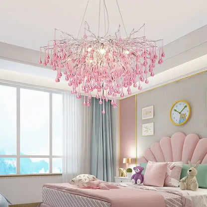 Kids pink crystal chandelier with delicate pink glass and teardrop crystals for bedroom decorbites kids pink lighting